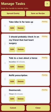 TearOff app screenshot showing the manage tasks screen
