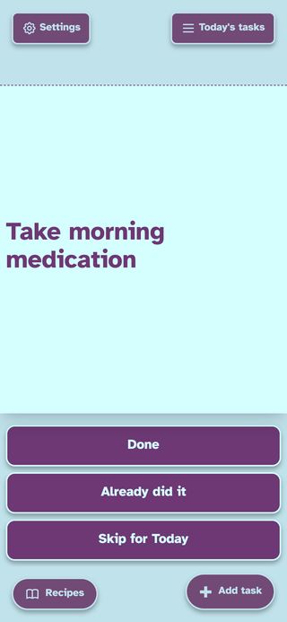 Reduced Cognition mode interface with enlarged text size and increased contrast